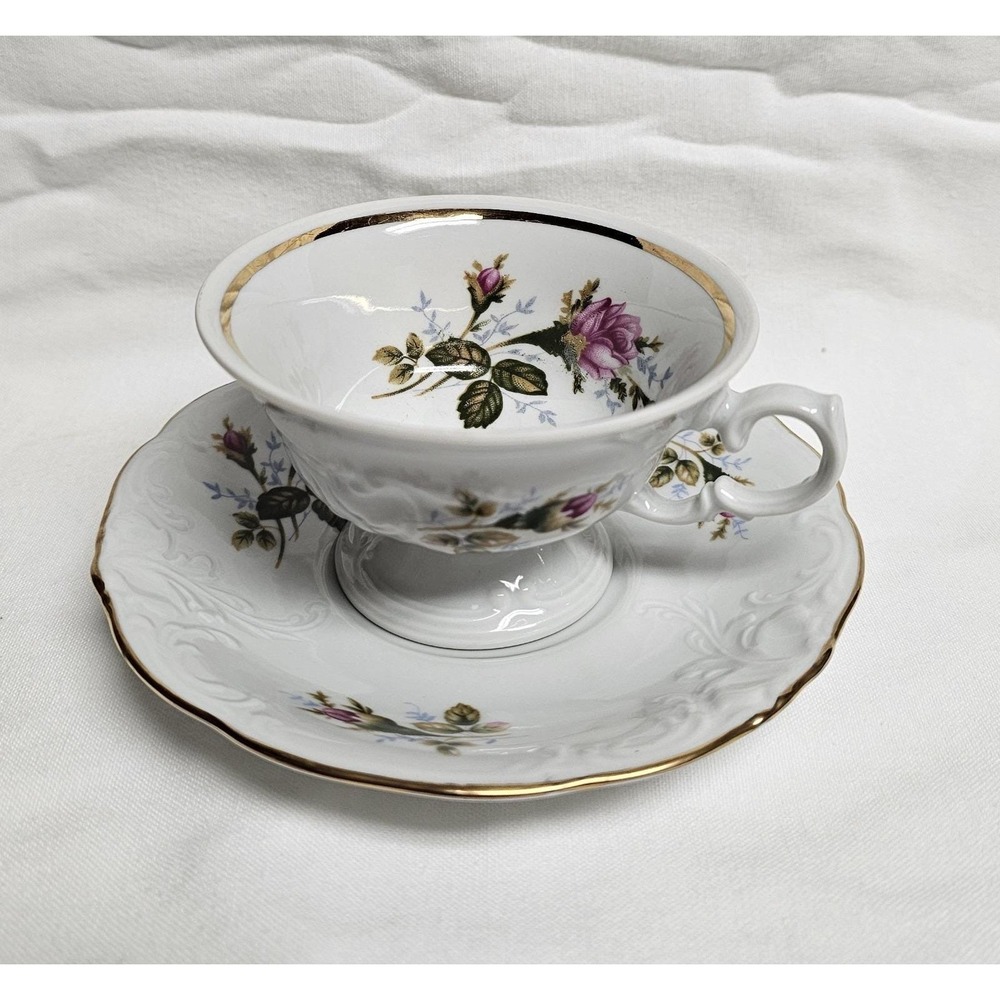Vintage Wawel Poland Fine China Mose Rose Gold Trim Tea cup And Saucer Set